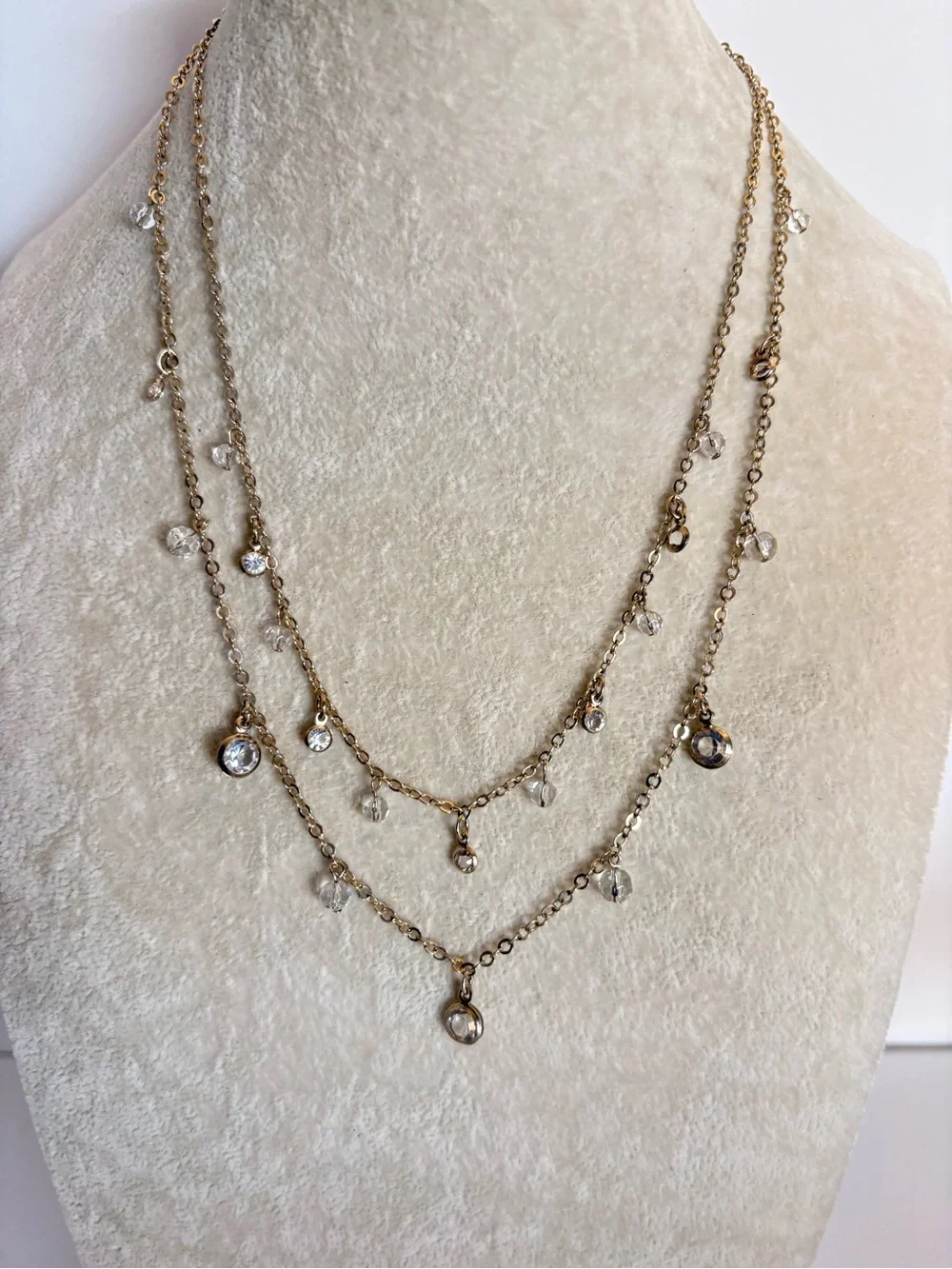 Avon Layered Crystal Drop Necklace Gold Tone Dainty Statement Necklace